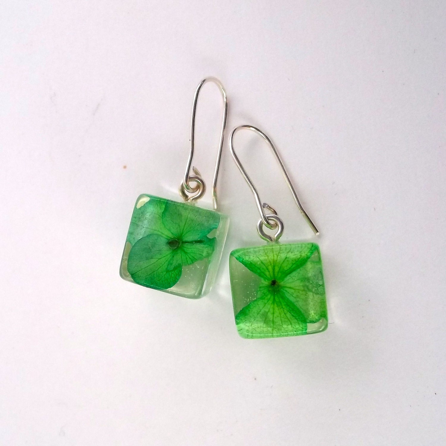 Green Botanical Resin Earrings. Real Flower Resin Earrings. Pressed Flower Earrings. Handmade Jewelry with Real Flowers - Green Hydrangea