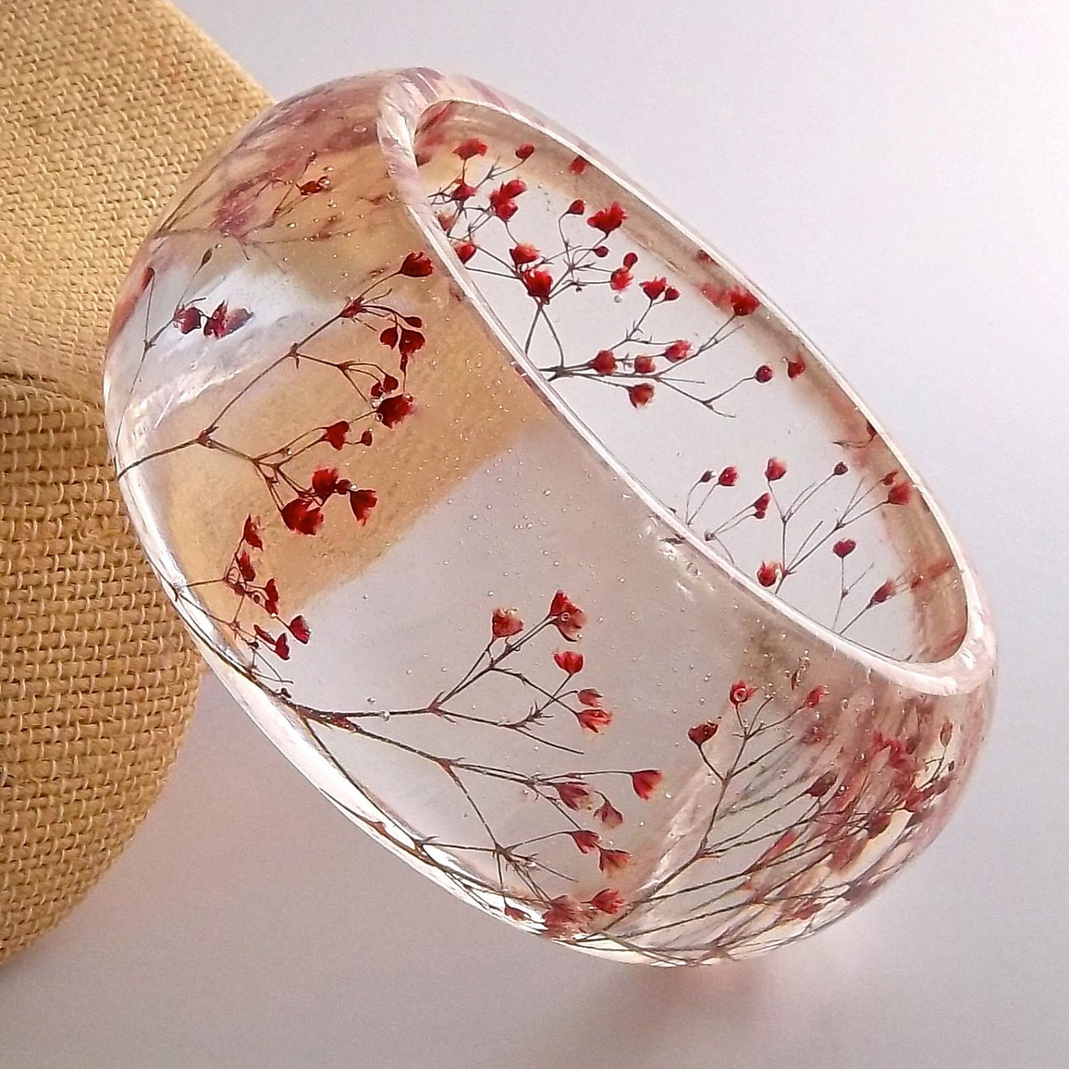 Red Resin Bangle.  Chunky Bangle with Pressed Flowers.  Real Flowers - Red Baby's Breath.  Contemporary Botanical Jewelry.