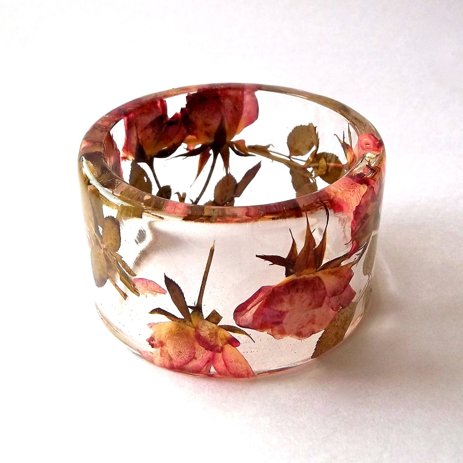 Pink and Yellow Roses Botanical Resin Bangle.  Chunky Bangle with Pressed Flowers.  Real Flowers - Pink and Yellow Roses