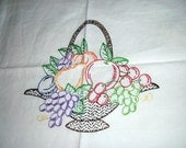 Retro White Linen Table Cloth // Hand Embroidered Fruit Design
