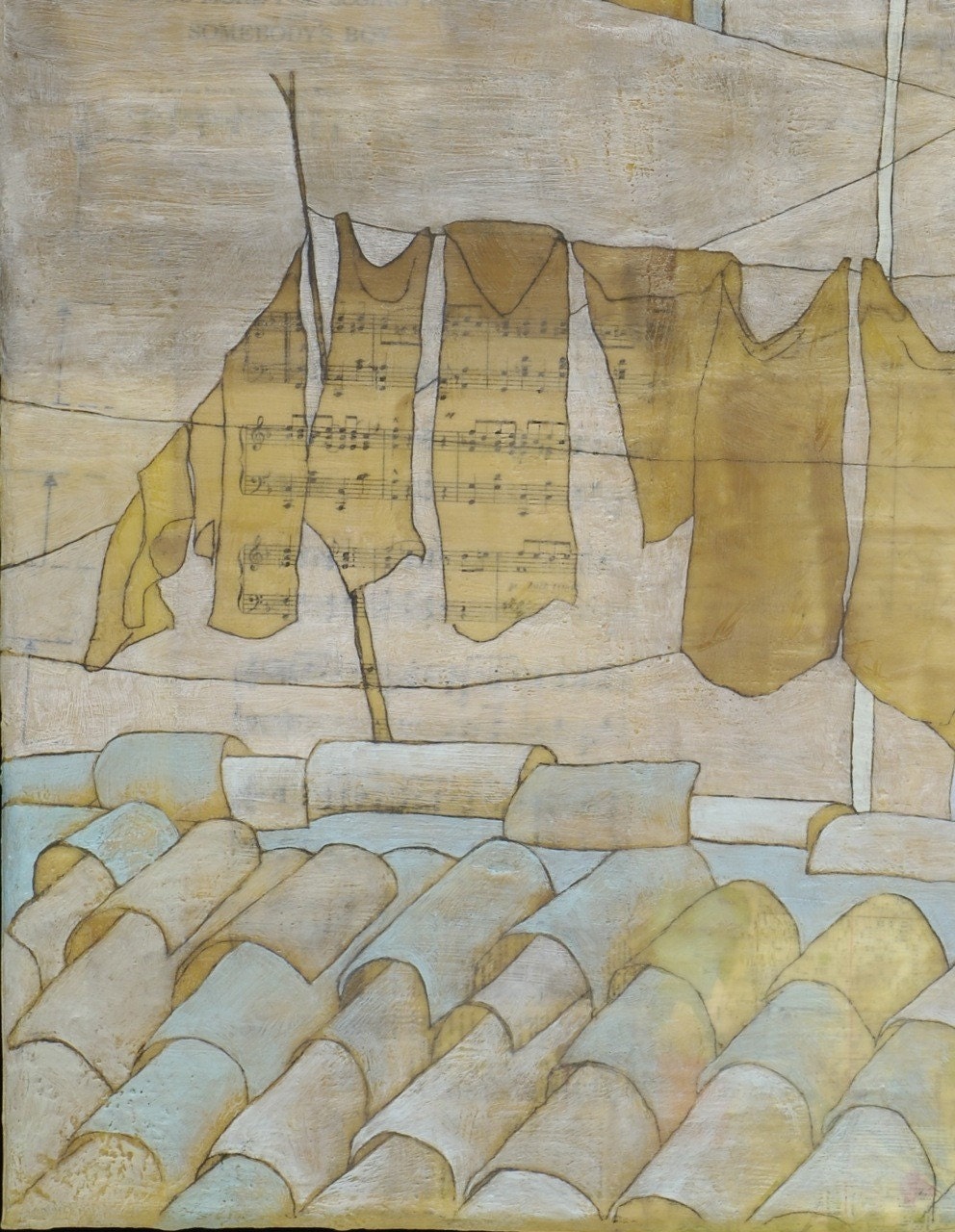 Fine Art Print of Original Mixed-Media Encaustic Painting- Laundry on Lines: always remember this place
