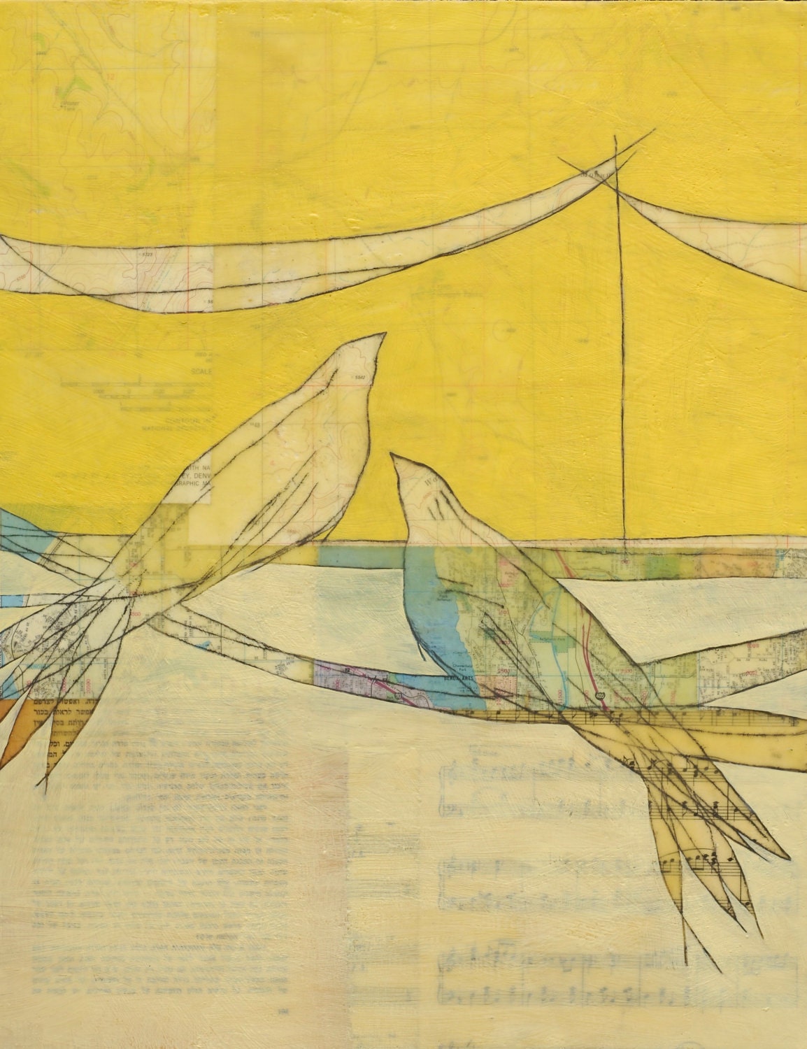Greeting Card, Birds on Power Line, Yellow, Hope, Fine Art Print, Mixed Media, Encaustic