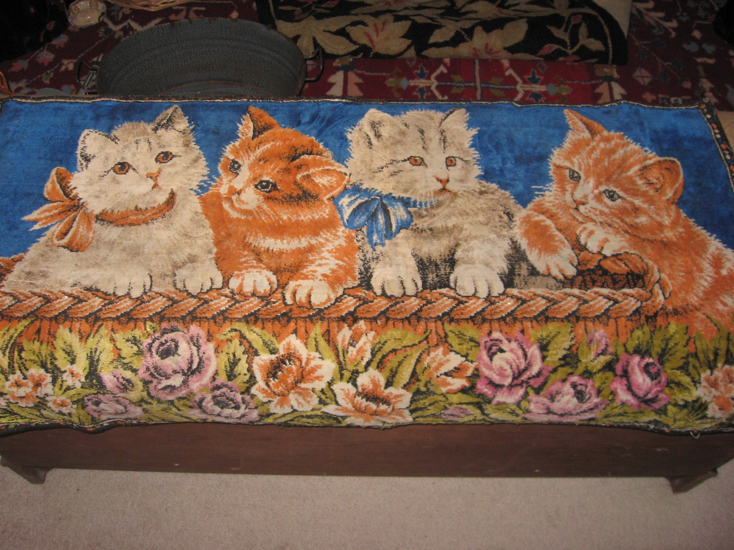 Antique Kitten Wall Hanging Tapestry Velvet Nice Condition Ribbons Roses 4 Little Kitty Cats c1950 SALE coupon code 10moj2