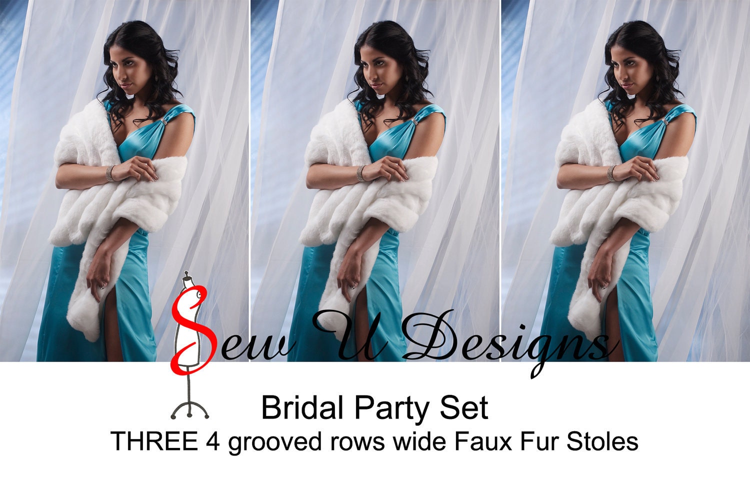 Winter wedding faux fur Bridal Party Set of THREE stoles wraps shawl 4 grooved rows wide