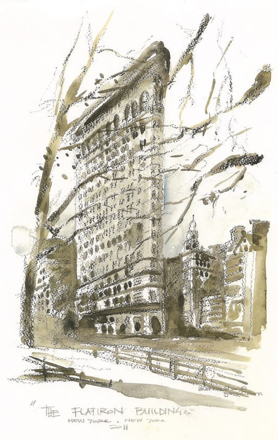 New York ,Flatiron Building,  an architectural sketch in watercolor print