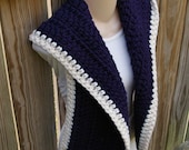 Hooded Scarf in Navy Blue and Cream Chunky Wool Crochet