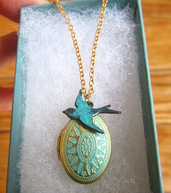 Verdigris - Antique Patina brass locket with patina blue bird  long necklace