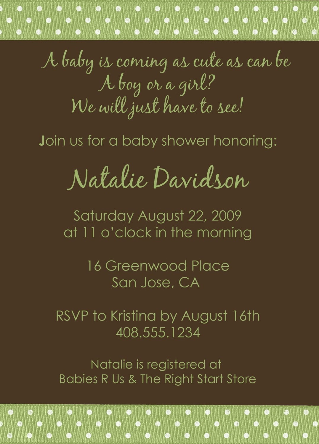 Brown Polka Dot Baby Shower Invitation (Boy , Girl or Neutral)