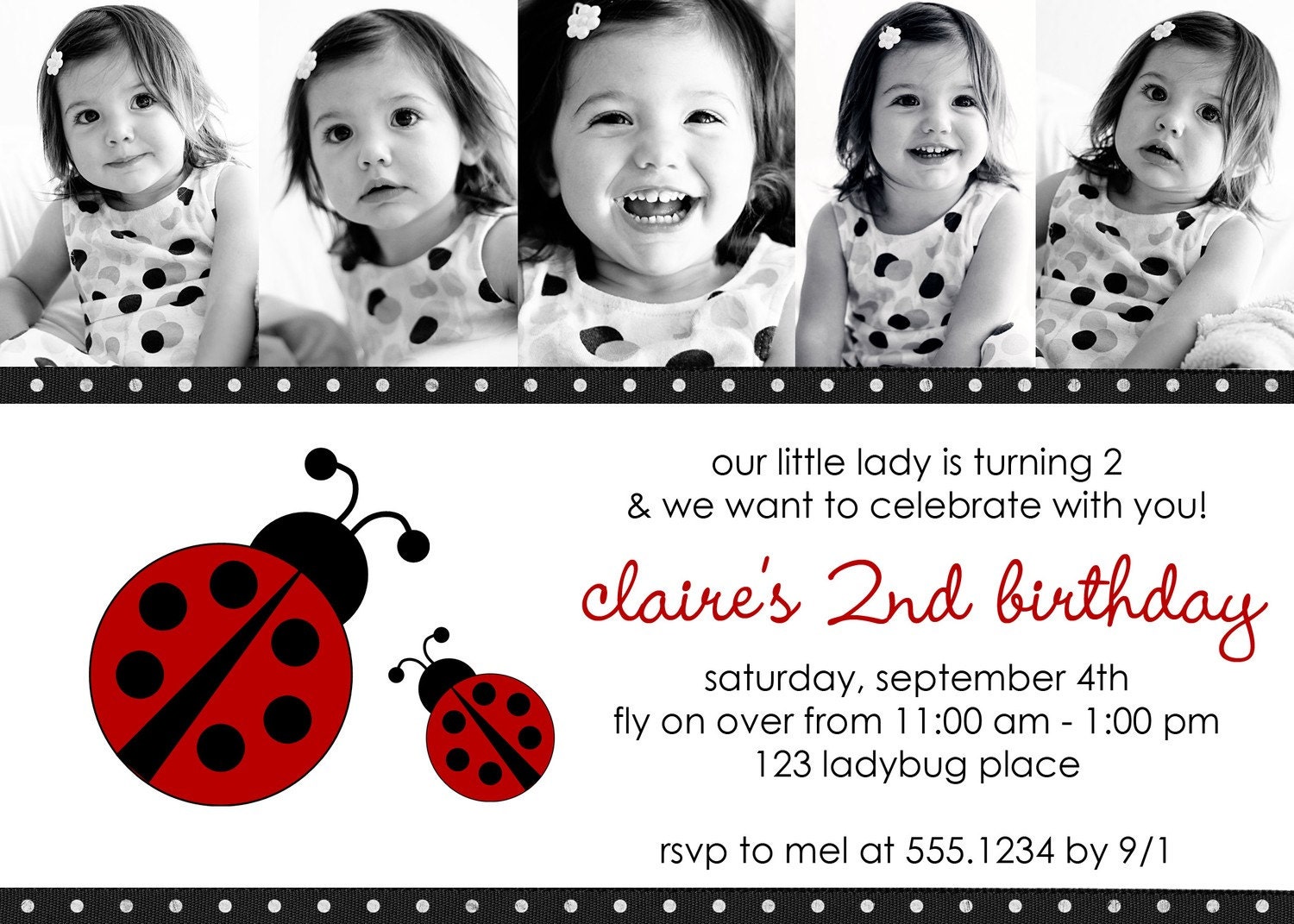 Ladybug Photo Birthday Invitation 1 photo or 5 photos (Red or Hot Pink color choices)