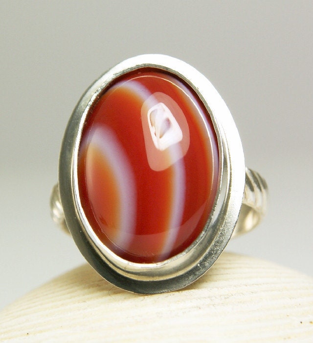 Sterling Silver Natural Stone Ring Handmade Agate Cabochon Retro Stipes-made to order in your size