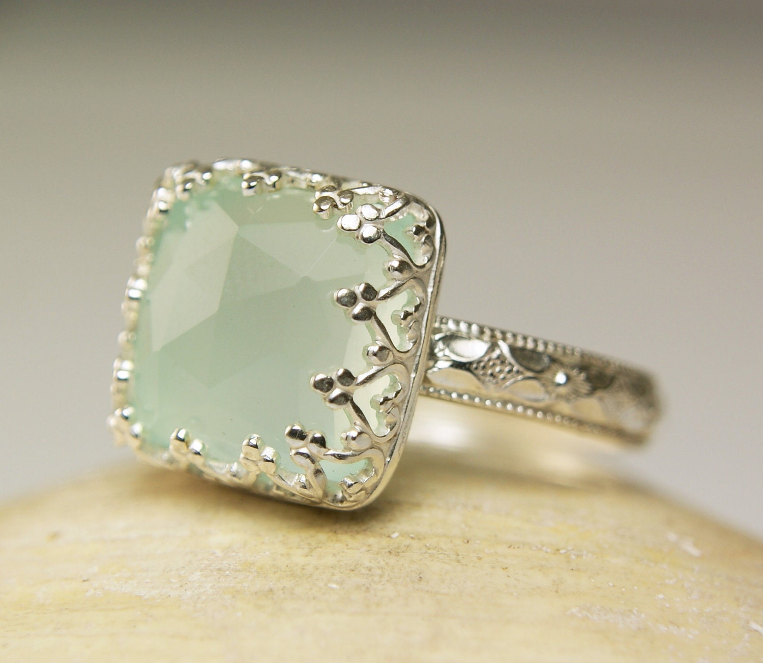 Sterling Silver Chalcedony Ring, Natural Aqua Stone, Crown of Hearts, Faceted Genstone-made to order in your size