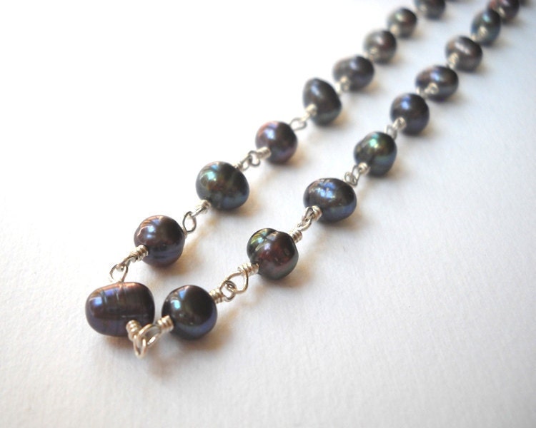 Dark Peacock Pearl Necklace - Sterling Silver Beaded Rosary Necklace Dark Gray Cultured Pearl Strandeadwork Necklace