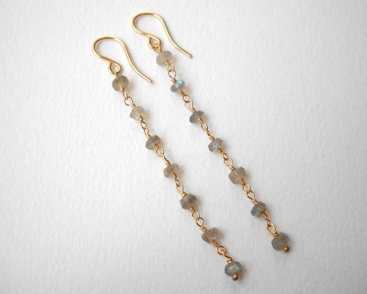 Long Labradorite Earrings - Gold Filled Beaded Dangle Earrings Beadwork Earrings