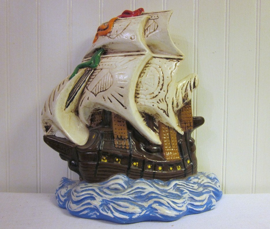 vintage SHIP doorstop by Atlantic Mold . beach house decor. bright, colorful, cheerful objet d'art for your seaside cottage decor