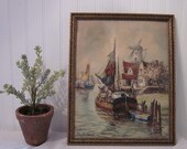 vintage F Van Vreeland, A Bit of Old Holland framed print, mid century Dutch seascape windmill water boat art print