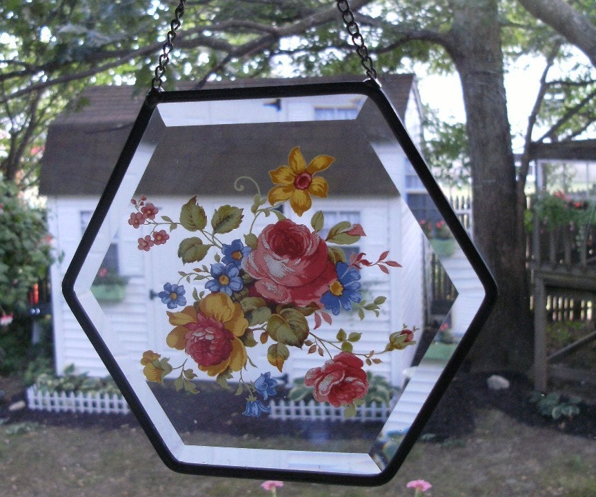 SPRING FEVER vintage beveled glass Shabby Suncatcher . cottage garden flowers for your window year-round