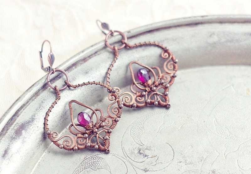 Wire wrapped oxidized antiqued hammered copper filigree earrings with garnet - FREE SHIPPING - SabiKrabi
