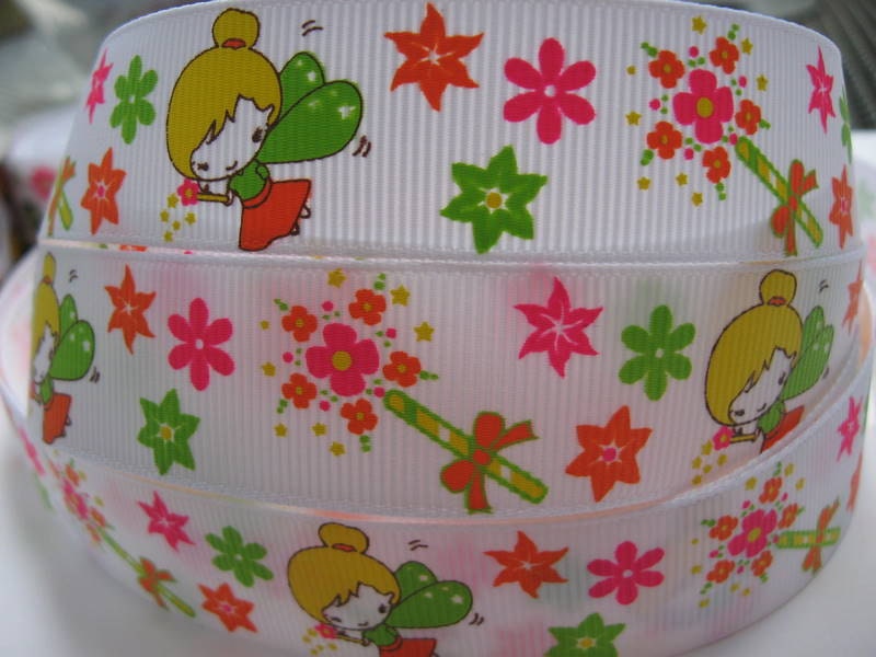 7/8 Fairy Pink green orange flowers white Grosgrain Ribbon 5 Yards Making Hair Bow Scrapbooking Scrapbook Supplies
