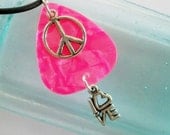 Guitar Pick Necklace Pink Pearloid Peace Love