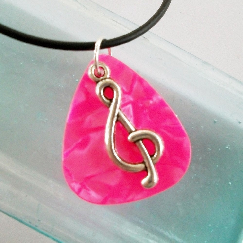 Guitar Pick Necklace Pink Pearloid with Treble Clef Note Charm