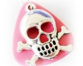 SALE Guitar Pick  Necklace Skull Crossbones Pink