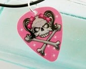 SALE Guitar Pick Necklace Pink Girlie Skull