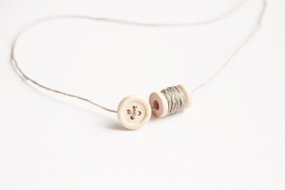 simple necklace, wooden button and spool with linen thread