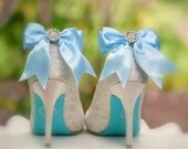 Sparkly Blue / White Bow Shoe Clips. Shiny Rhinestones. Fashionista Night Out Couture, Satin Ribbon More Colors: Sage Pink Red Black