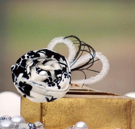Damask & Feathers Hair Clip, OR Pin Handmade Photo Prop, Preppy Birthday Gift Couture Ivory / White Pearl, Vanilla Cream Beige Natural Black