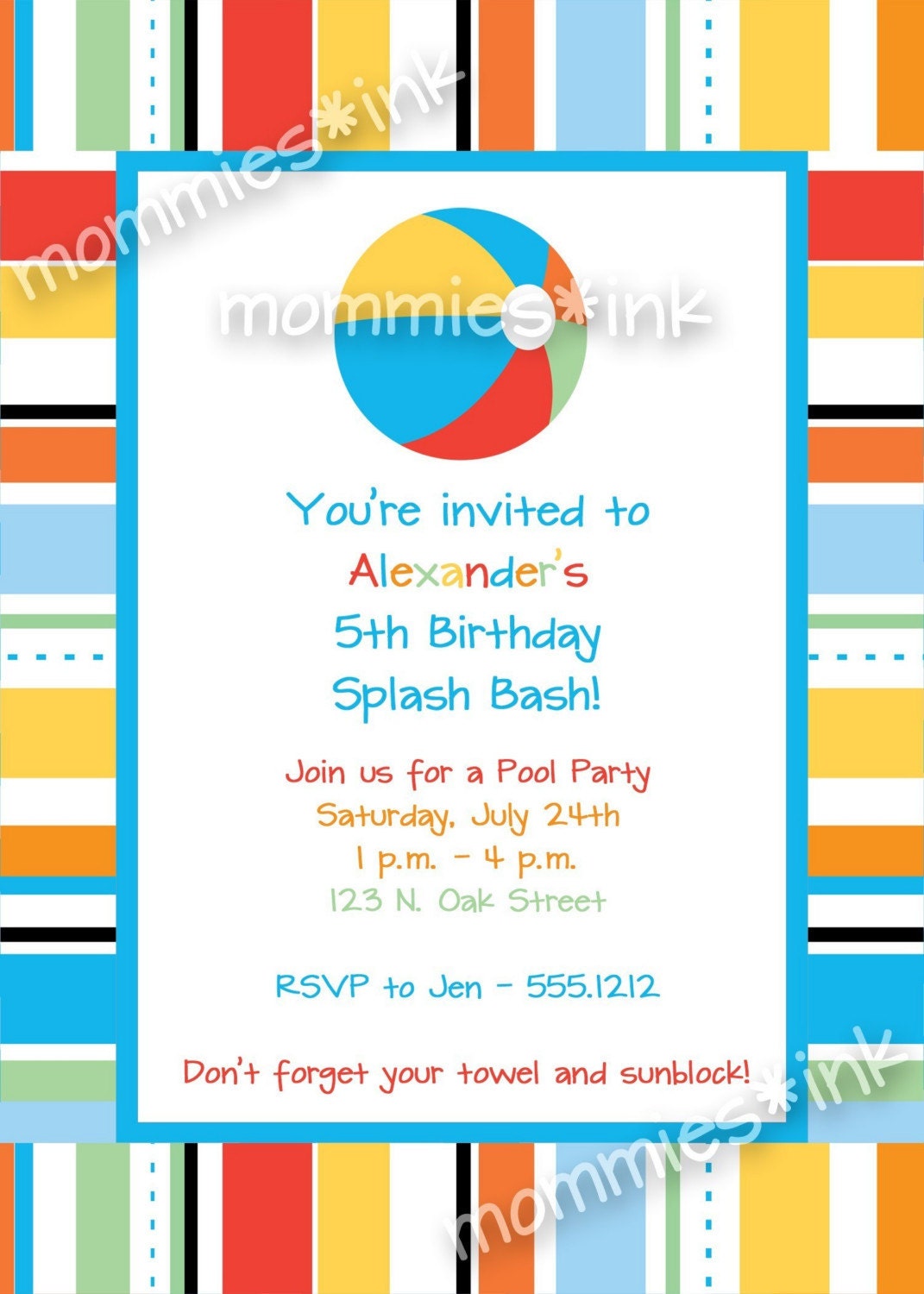 Pool Party Birthday Invitation - Beach Ball - PRINTABLE INVITATION DESIGN