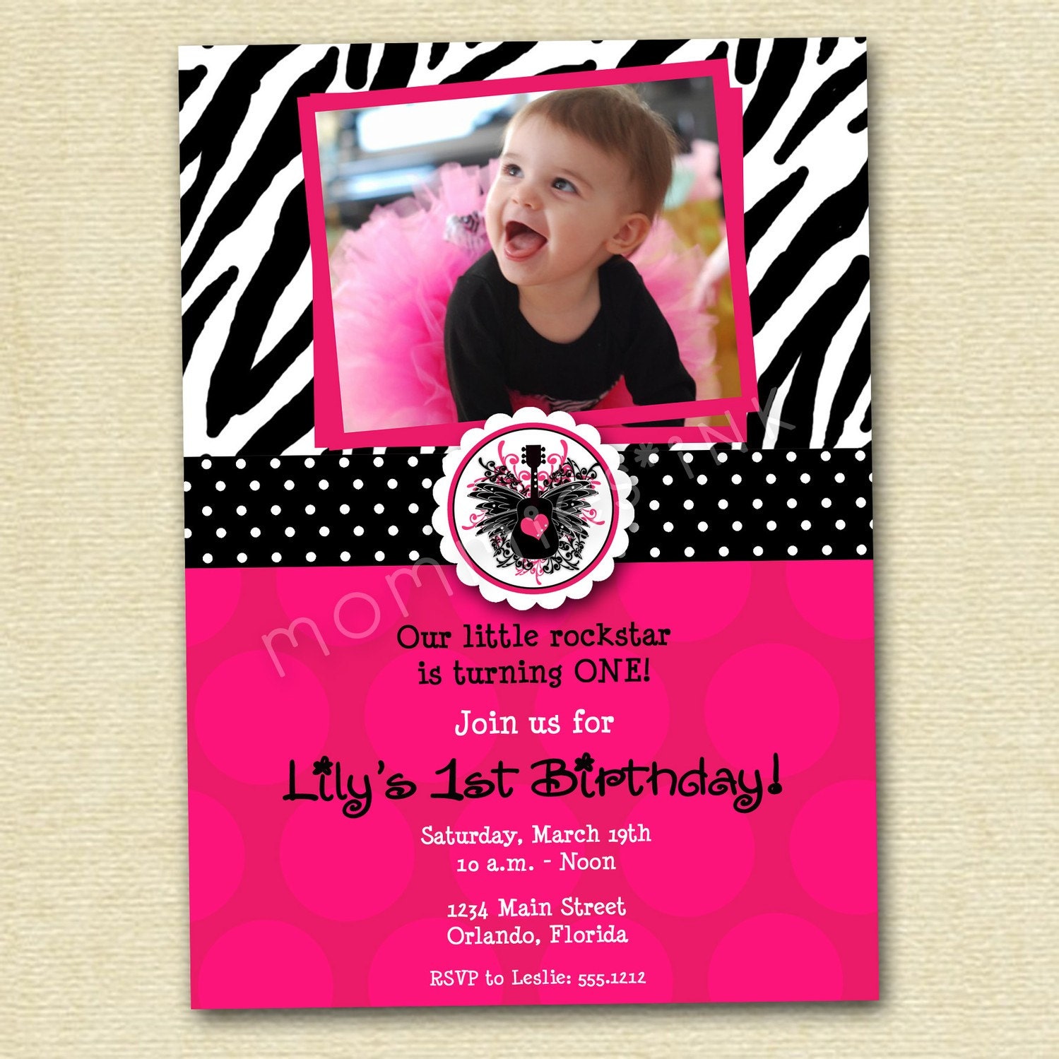 Polka Dotty Zebra Rockstar Photo Birthday Invite - PRINTABLE INVITATION DESIGN Il_170x135