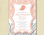 Coral and Gray Little Birdie Custom Baby Shower Invitation - PRINTABLE INVITATION DESIGN Il_170x135