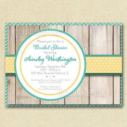 Wood Fence and Shabby Chic Teal Chevron and Yellow Polka Dots Bridal Shower Invite - PRINTABLE INVITATION DESIGN Il_170x135