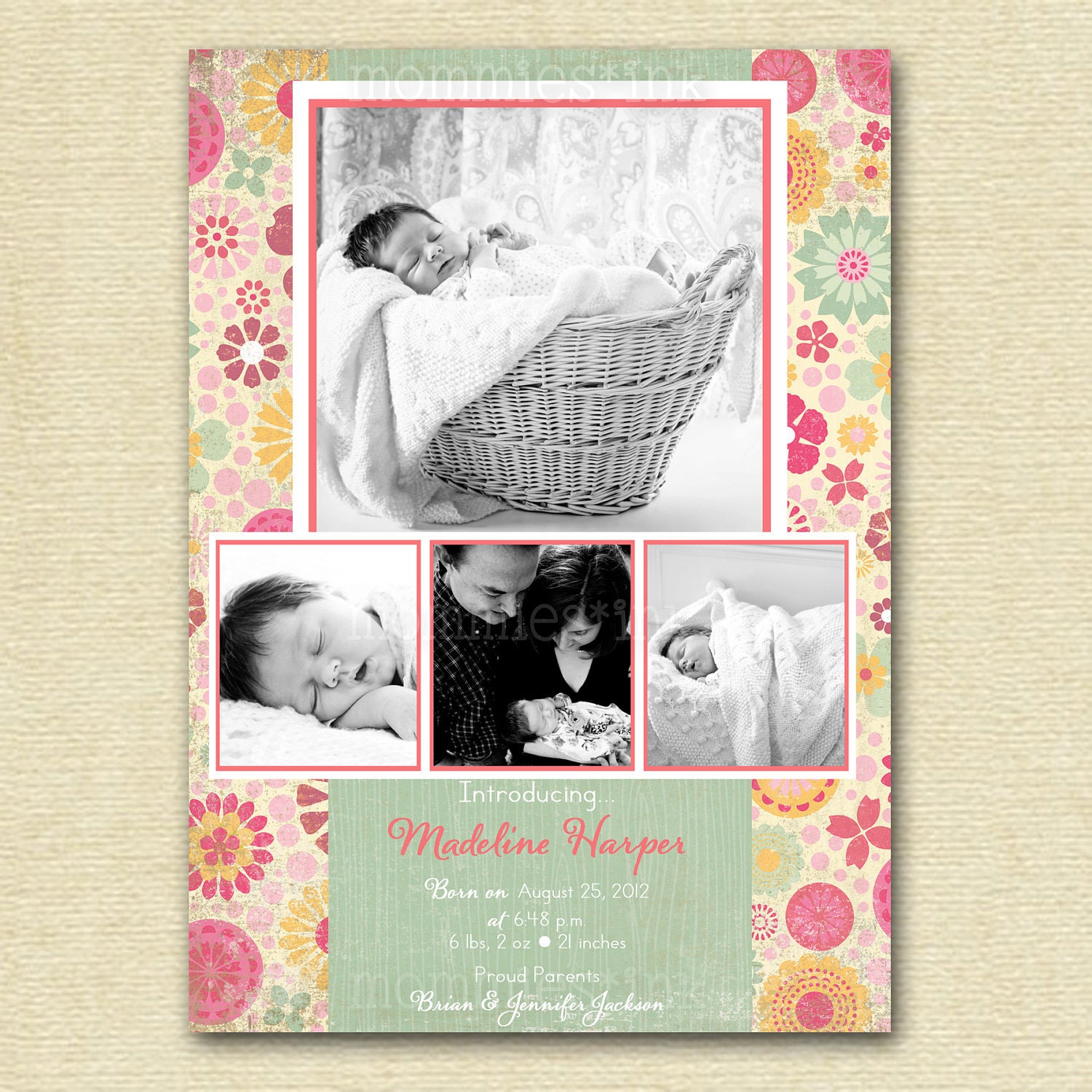Shabby Chic Vintage Pastel Flowers 4 Photo Birth Baby Announcement - PRINTABLE ANNOUNCEMENT DESIGN Il_170x135