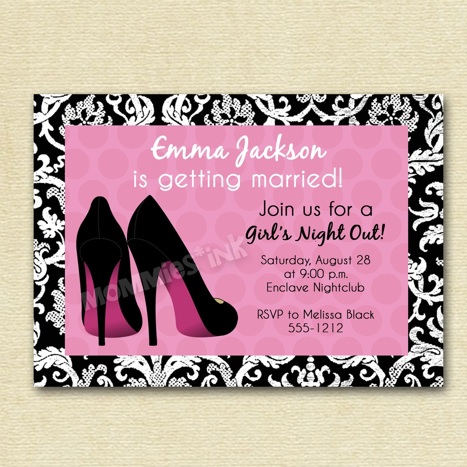 Damask and Dotty Sexy Heels Bachelorette Party or Girls Night Out Invitation - PRINTABLE INVITATION DESIGN Il_570xn