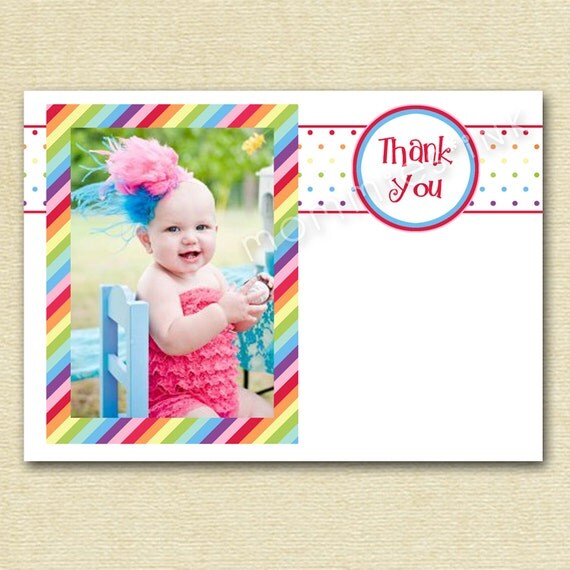 Mod Chic Rainbow Dots and Stripes Photo Thank You Note - PRINTABLE DESIGN Il_570xn