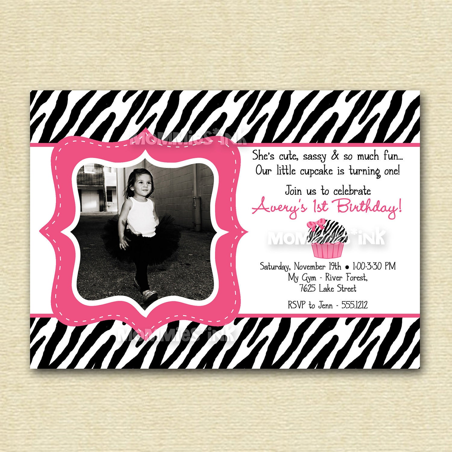 Mod Hot Pink Zebra Cupcake Photo Birthday Invite - PRINTABLE INVITATION DESIGN Il_570xn