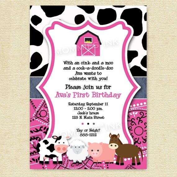 Pink Mod Farm Animals Birthday Party Invite - PRINTABLE INVITATION DESIGN Il_570xn