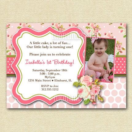 Shabby Chic Pink Roses with Pink Polka Dots Photo Birthday Party Invitation Invite - PRINTABLE INVITATION DESIGN Il_570xn