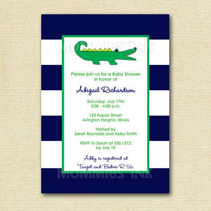 Preppy Alligator Gator Baby Shower Invitation - Navy, White and Green - PRINTABLE INVITATION DESIGN Il_570xn