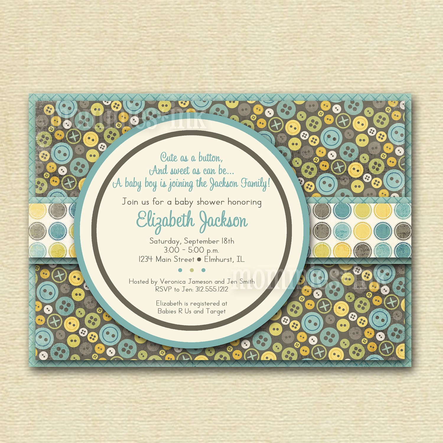 Shabby Chic Cute as a Button Baby Shower Invite - Boy Version - Brown and Aqua - PRINTABLE INVITATION DESIGN Il_570xn