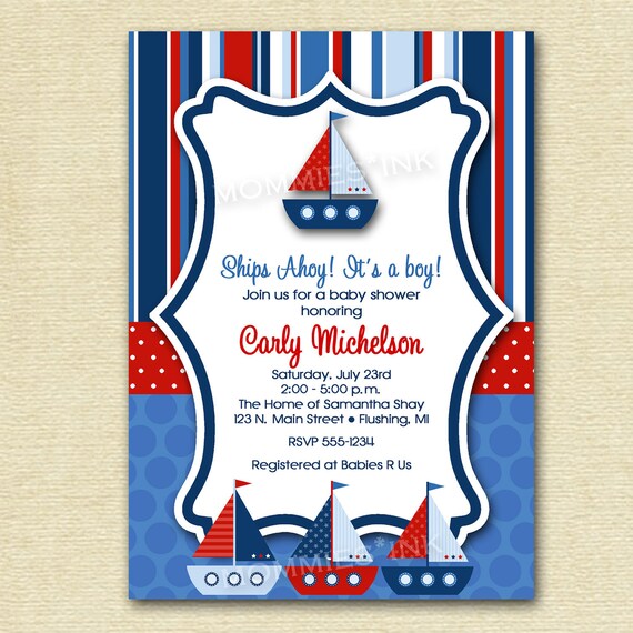 Ships Ahoy Sailboat Baby Shower or Birthday Party Invitation - Digital File - PRINTABLE INVITATION DESIGN Il_570xn