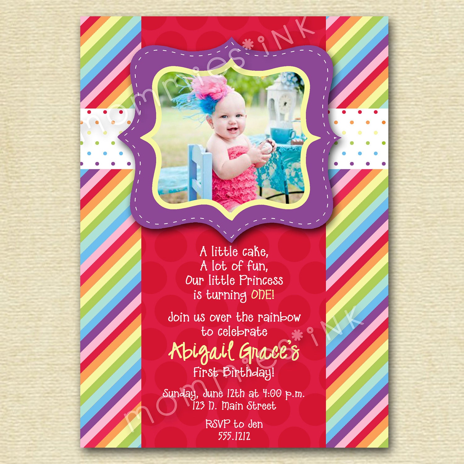 Mod Chic Rainbow Dots and Stripes Photo Birthday Invite - PRINTABLE INVITATION DESIGN