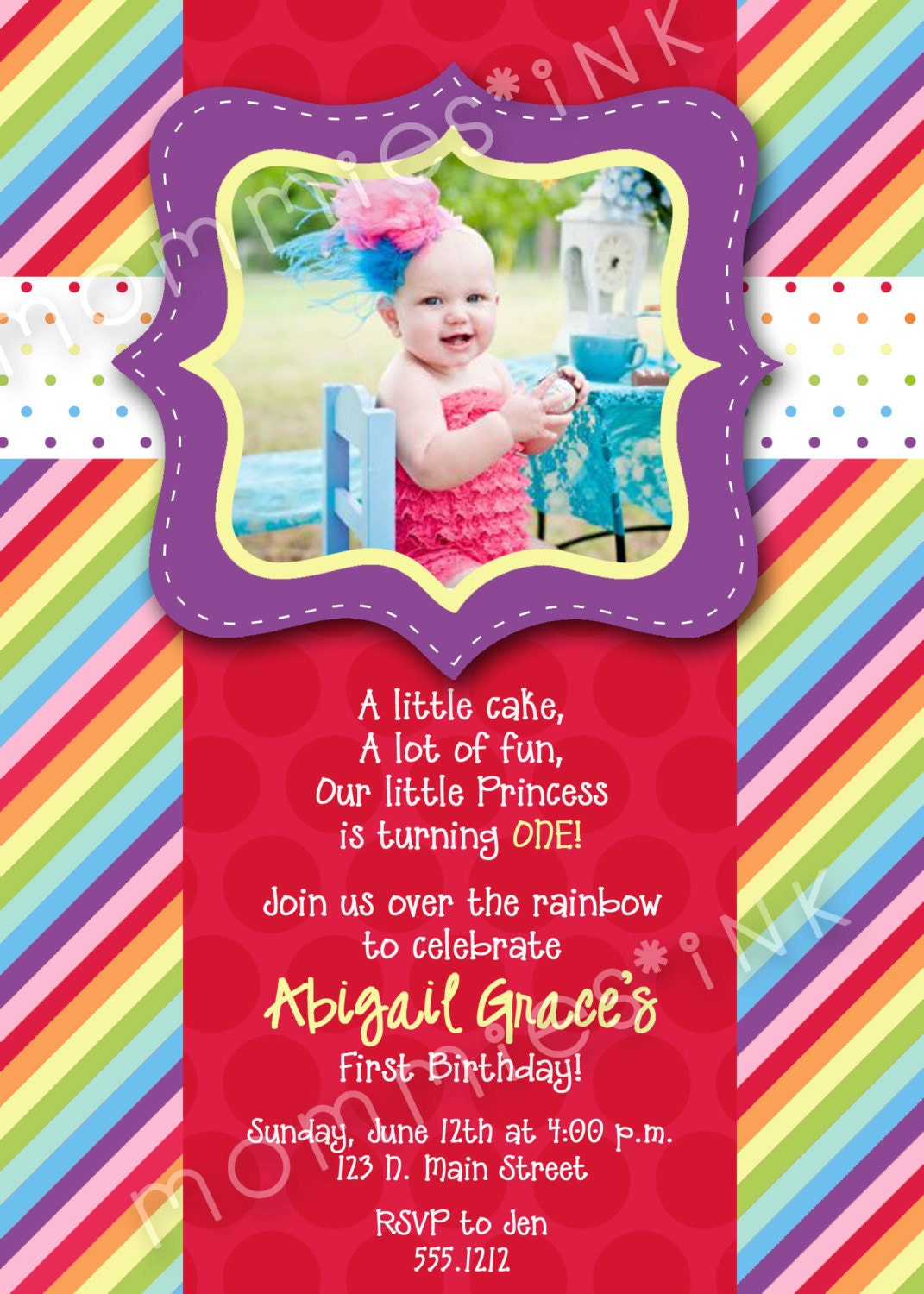 Mod Chic Rainbow Dots and Stripes Photo Birthday Invite - PRINTABLE INVITATION DESIGN