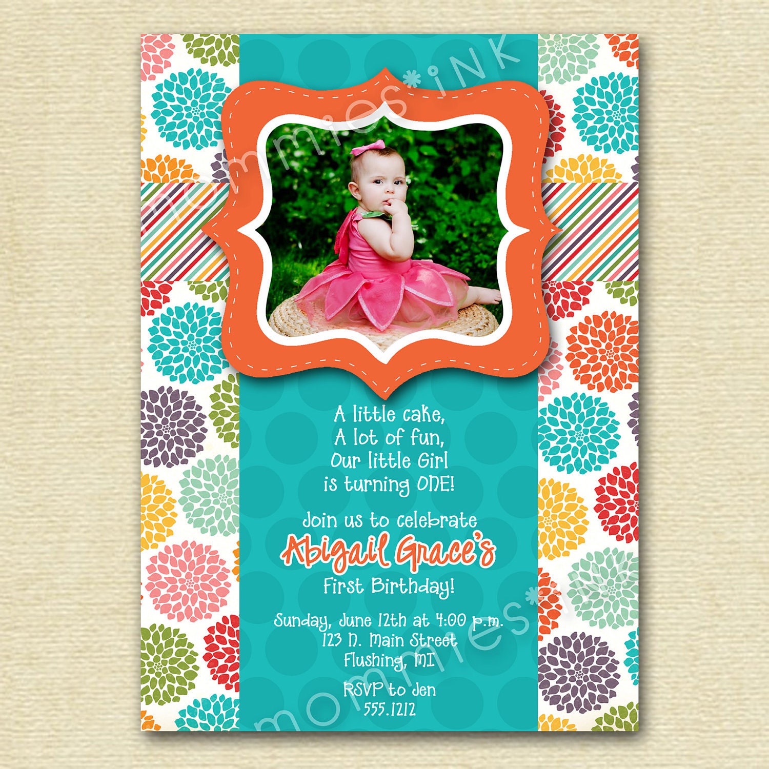 Colorful Rainbow Pretty Posies Birthday Party Invite - PRINTABLE INVITATION DESIGN
