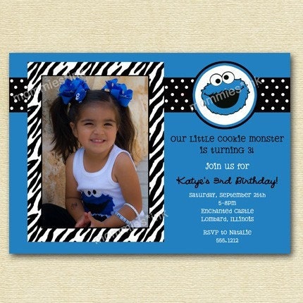 Cookie Monster Birthday Party on Cookie Monster And Zebra Print Birthday Party Invitation   Printable
