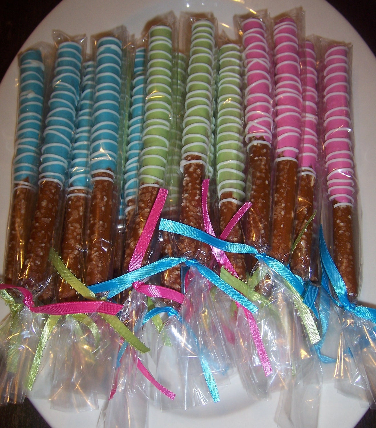1 DOZEN -- SALE -- 12 Chocolate Dipped Pretzel Rods -- Wedding favors Bridal Shower favors Baby Shower favors
