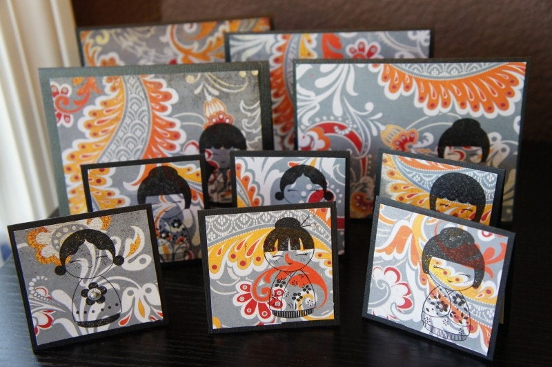Set of 10 Hand Stamped Kimono Doll Enclosure Cards Gift Set Il_570xn