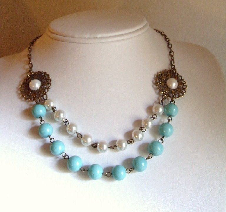 READY TO SHIP Goddess Antiqued Brass Filigree Turquoise and White Pearl Necklace, Wedding, Bridesmaids Bridal necklace, gift for her