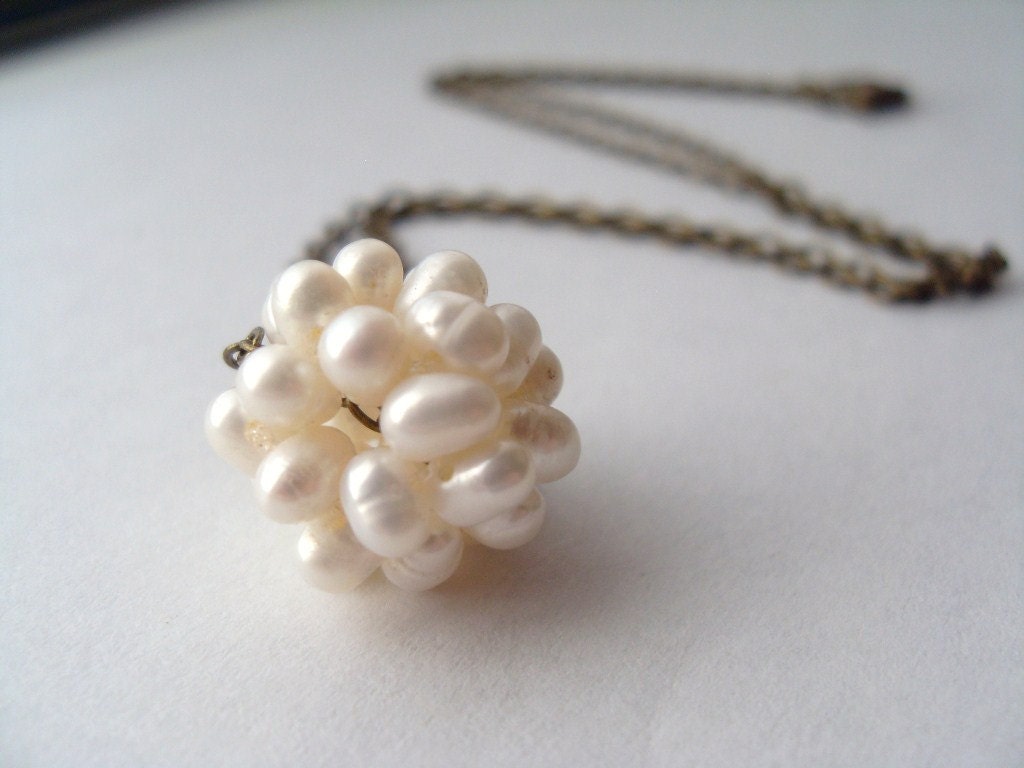 READY TO SHIP: Freshwater Pearl Ball Necklace  with antiqued brass chain, Bridal Jewelry, Bridesmaids Mother's day gift
